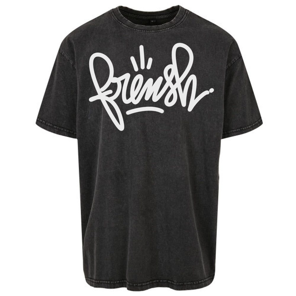 T-Shirt Frensh logo graff Blanc décoloré à l'acide - couple ample et décontracté