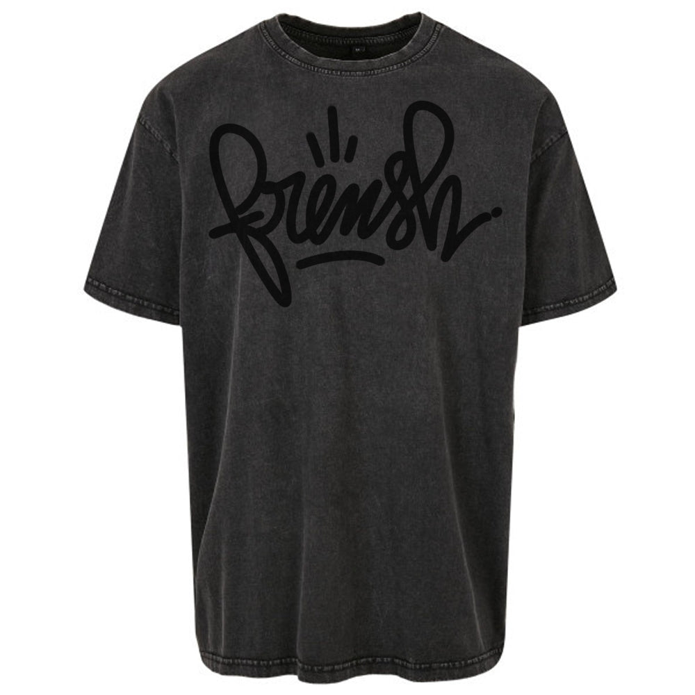 T-Shirt Frensh logo graff Noir décoloré à l'acide - couple ample et décontracté