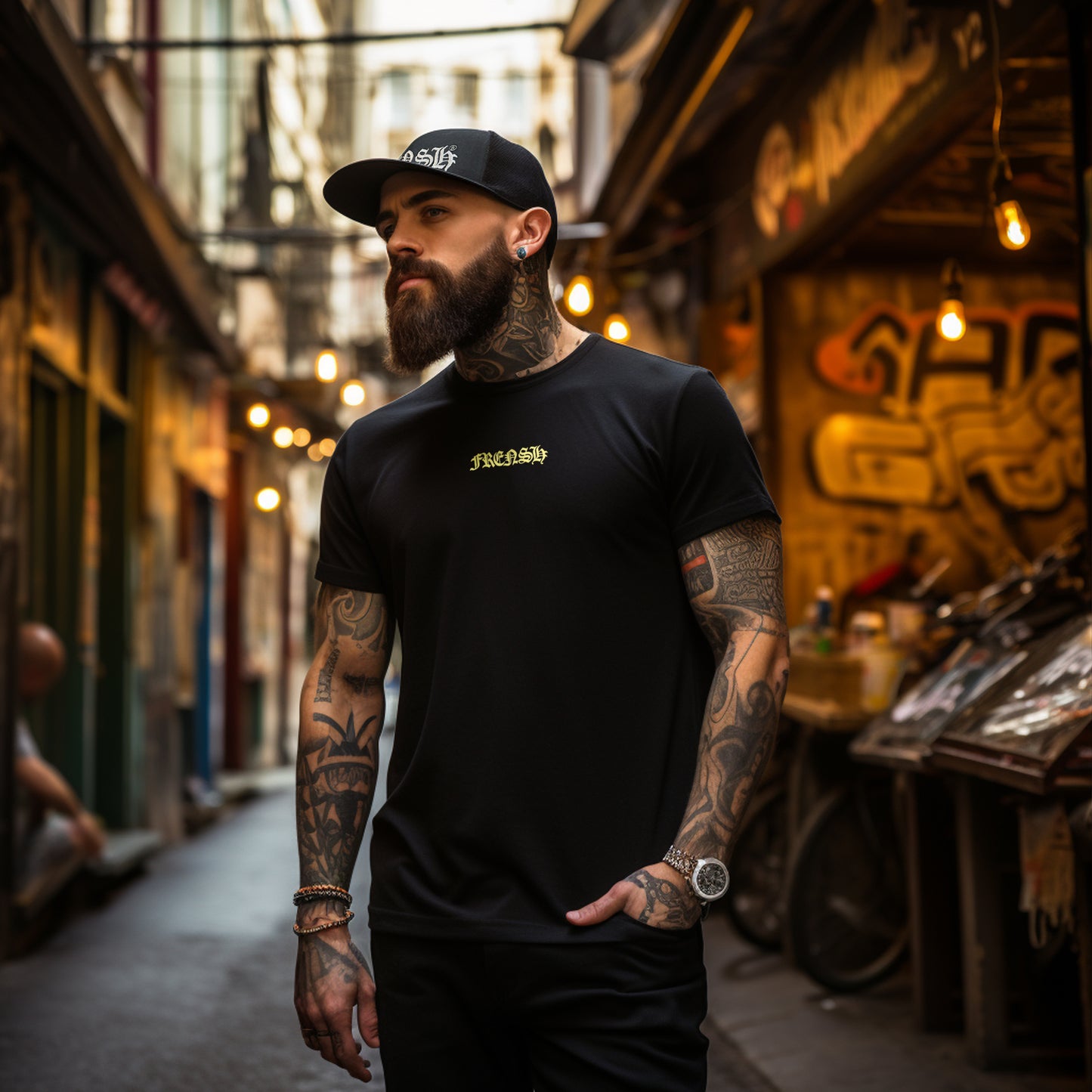 T-Shirt Frensh Noir manches courtes | Coupe Fit | Logo jaune gothique